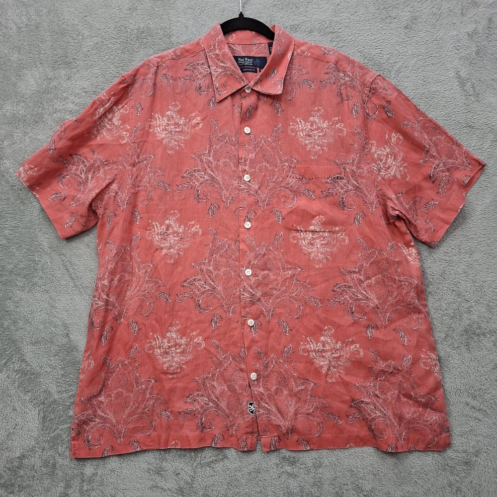 Nat Nast Shirt Men's XL 100% Linen Coral Button Up Short‎ Sleeve American Fit